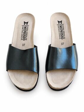 Mephisto Lise Metallic Blue Leather Slide Sandals EU 37